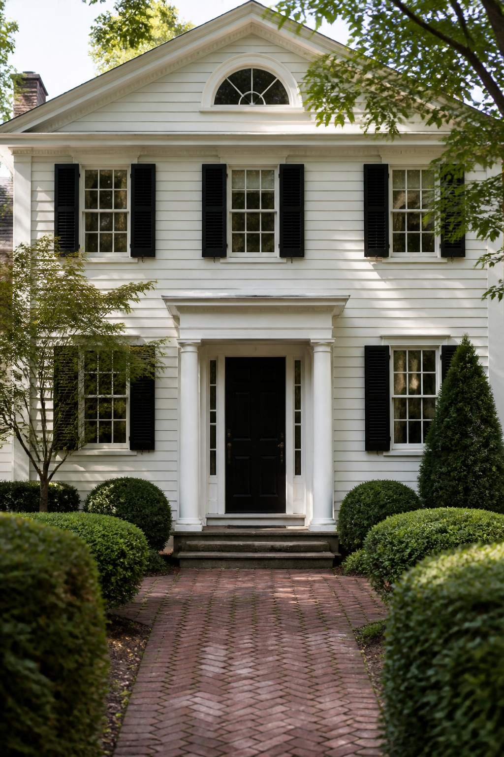 Colonial revival house in Benjamin Moore Oxford White with a black door.