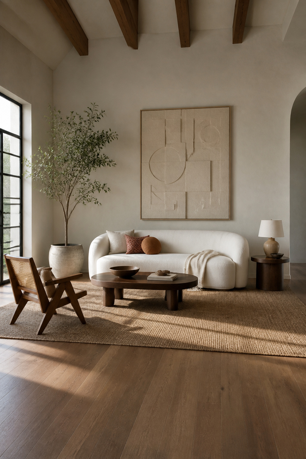 A white sofa with soft curves in a stylish living space.