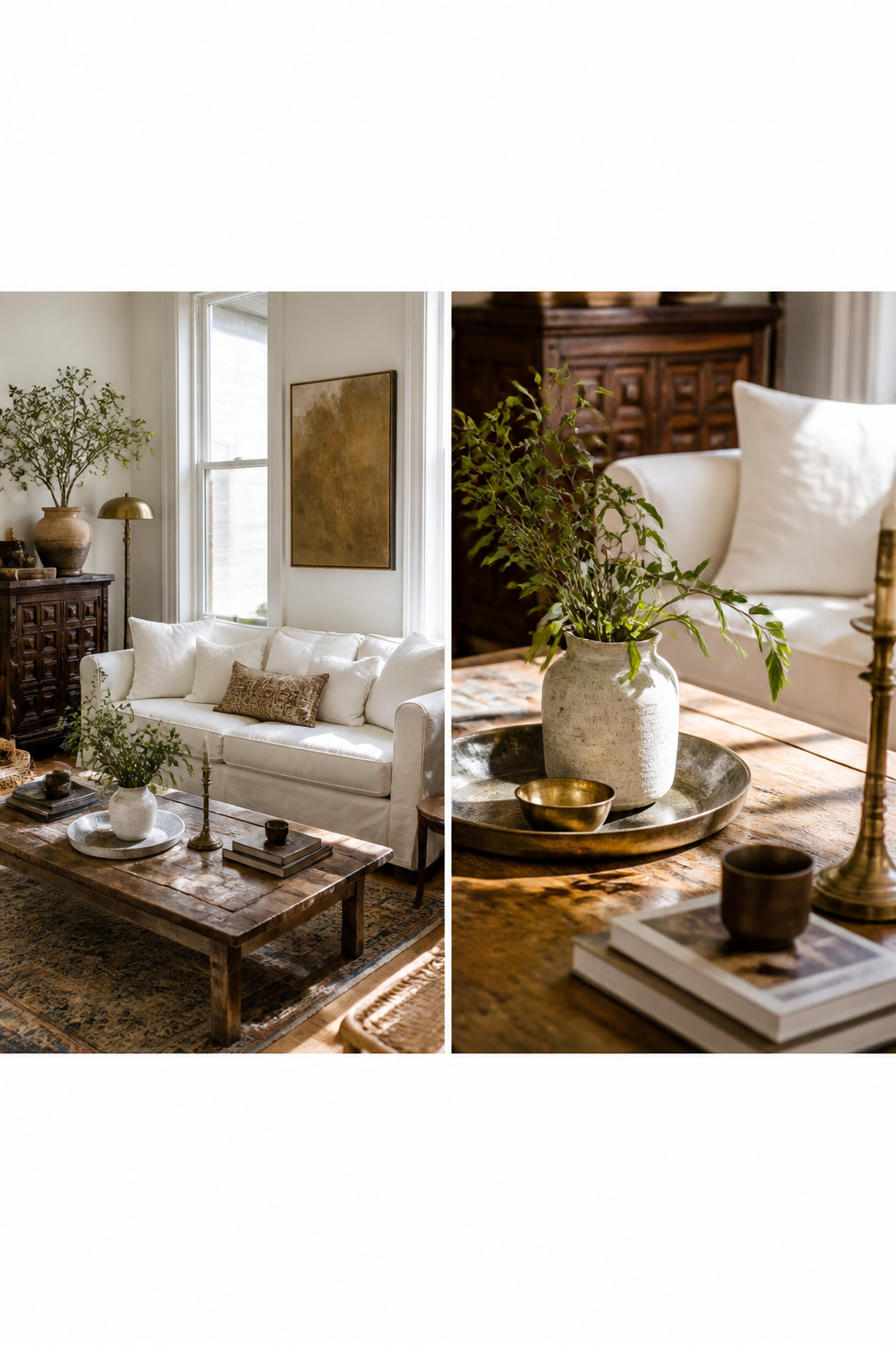 A white sofa paired with thrifted vintage furniture in a stylish room.