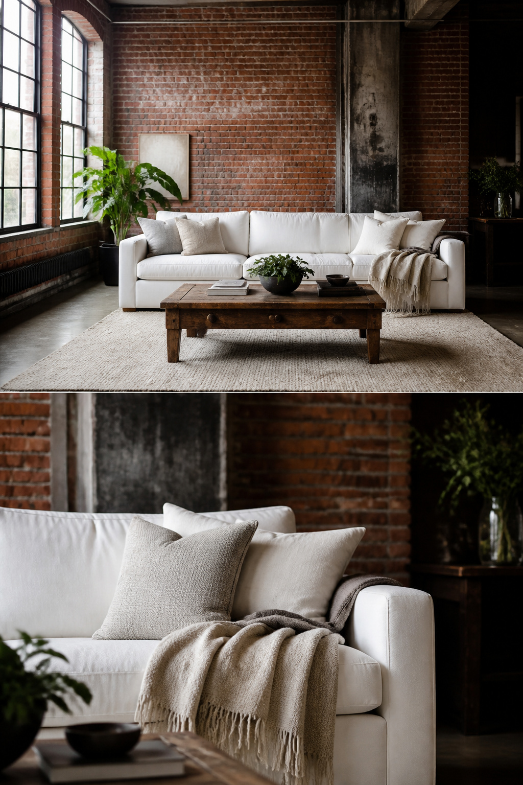 A white sofa paired with exposed brick in a loft-style room.