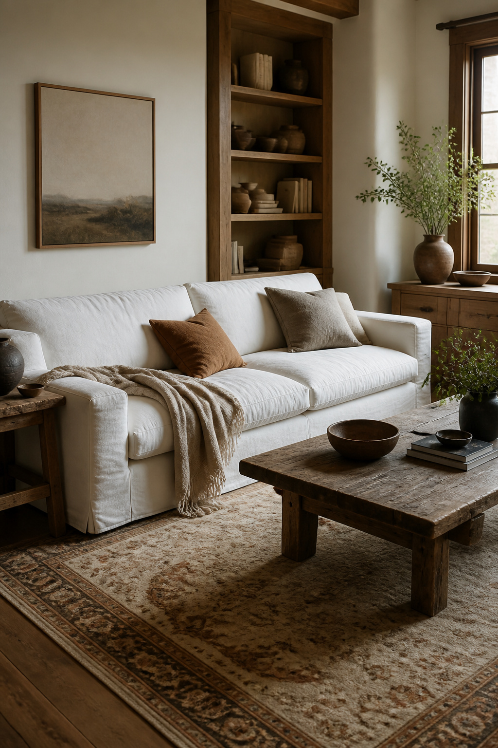A comfortable white sofa in a cozy, inviting living room.