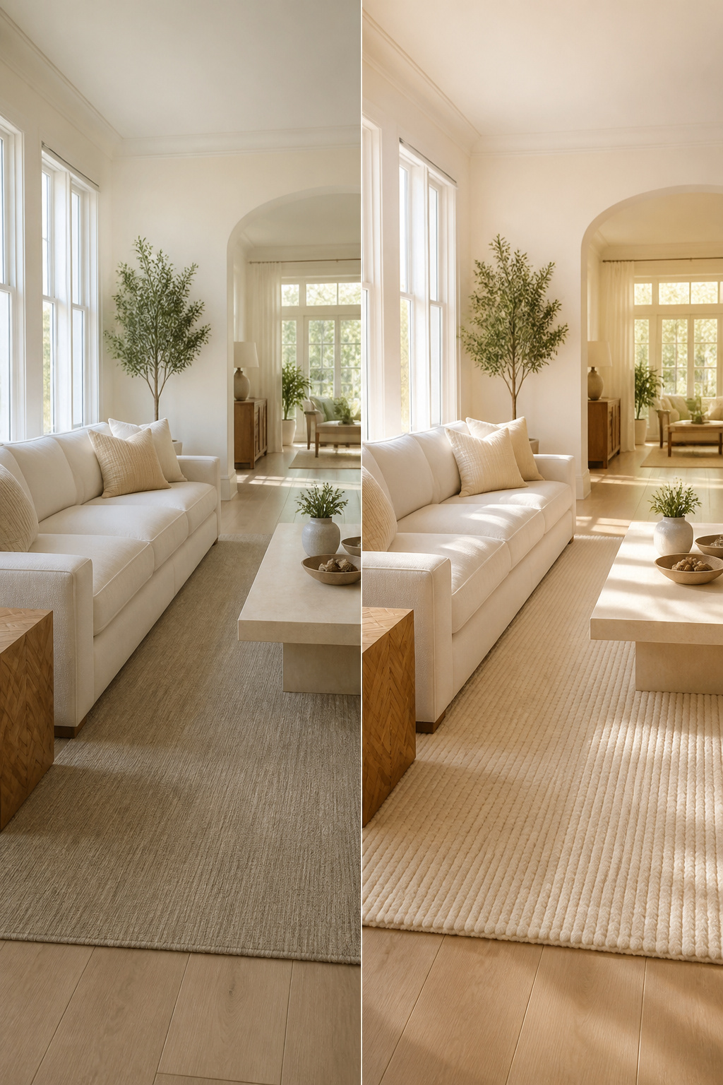 A white living room featuring cream accents and warm textiles.