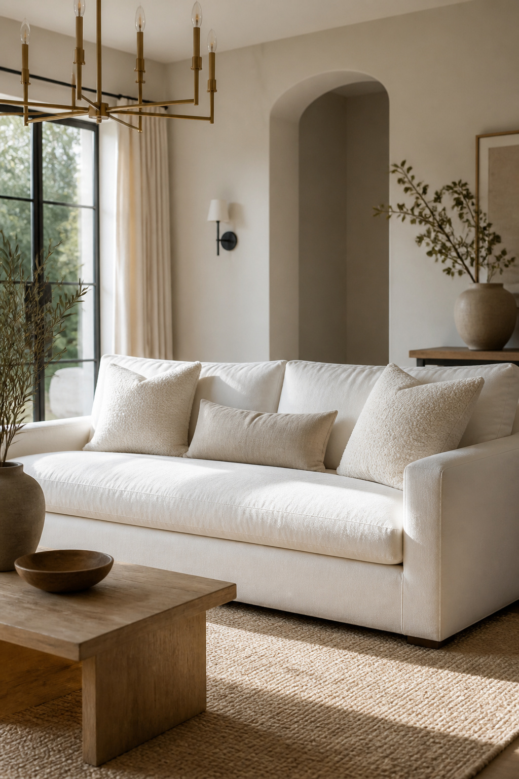 White sofa with off-white brushed linen cotton and warm cushions.