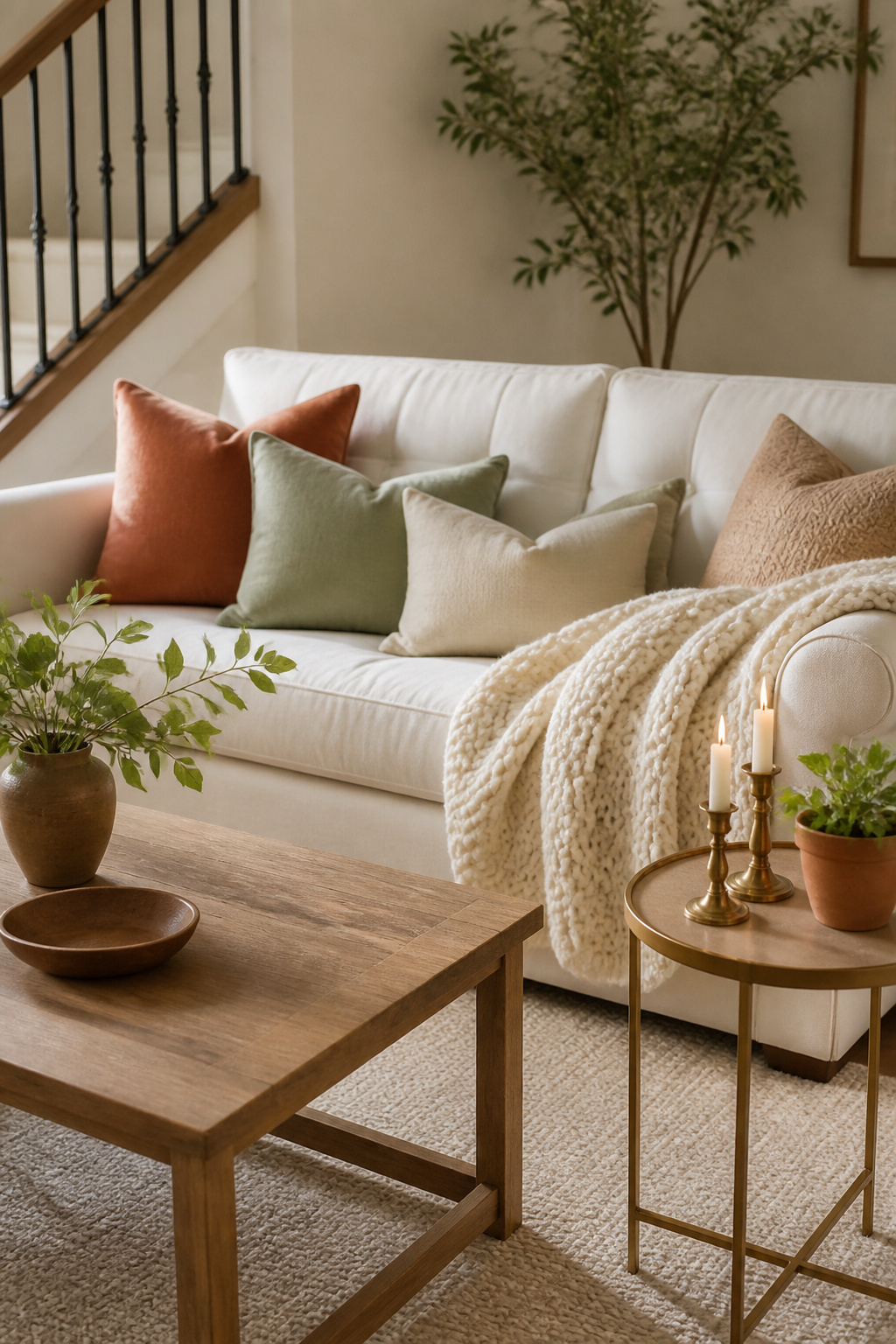 White sofa styled with budget-friendly accessories in a cozy living room.