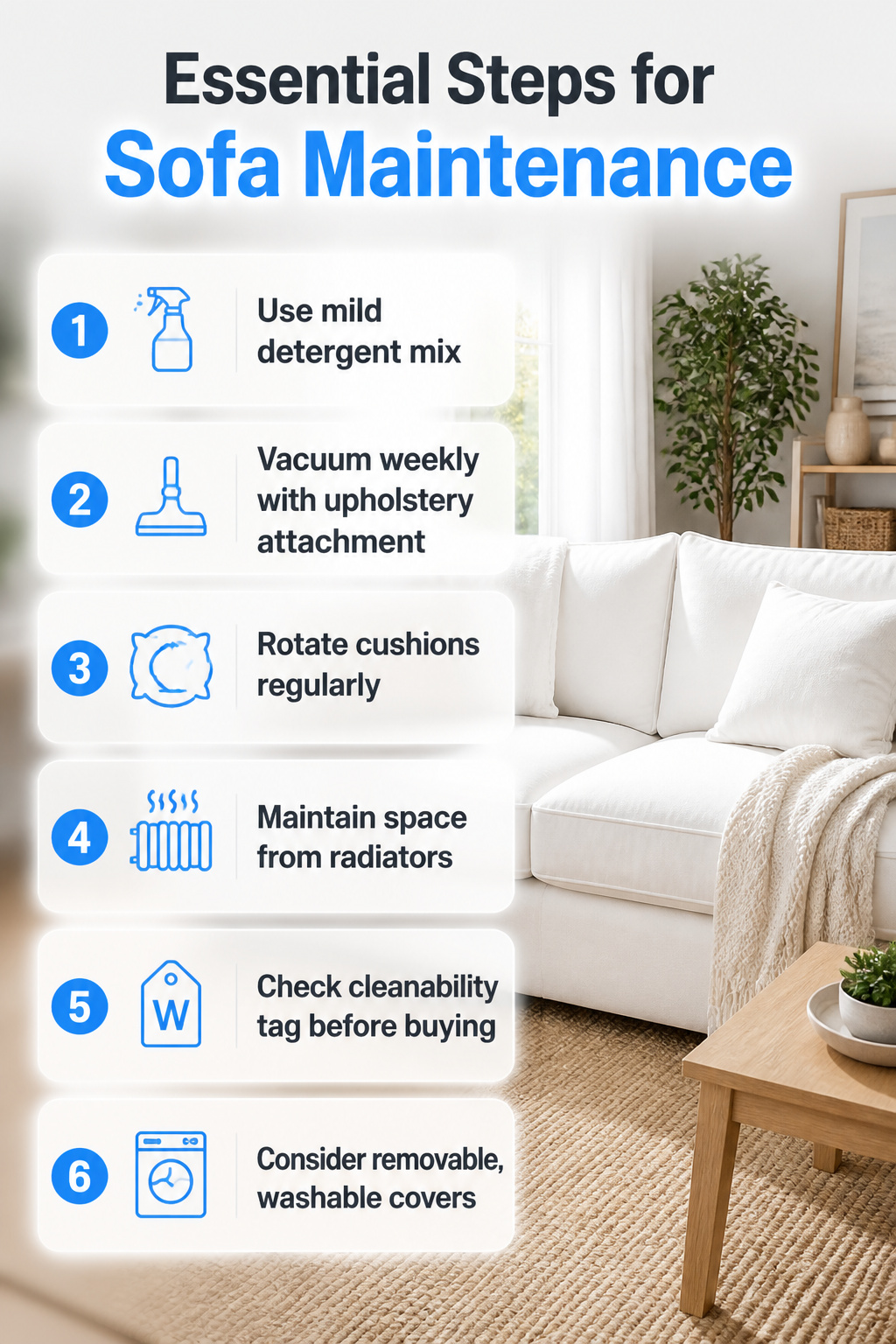 Information image about maintaining a white sofa with performance fabrics.