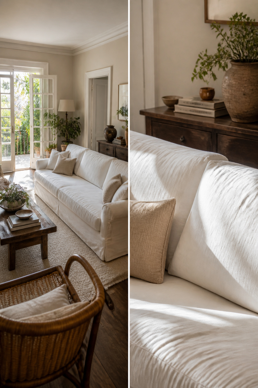 Living room featuring a white sofa that contrasts with dark furniture.