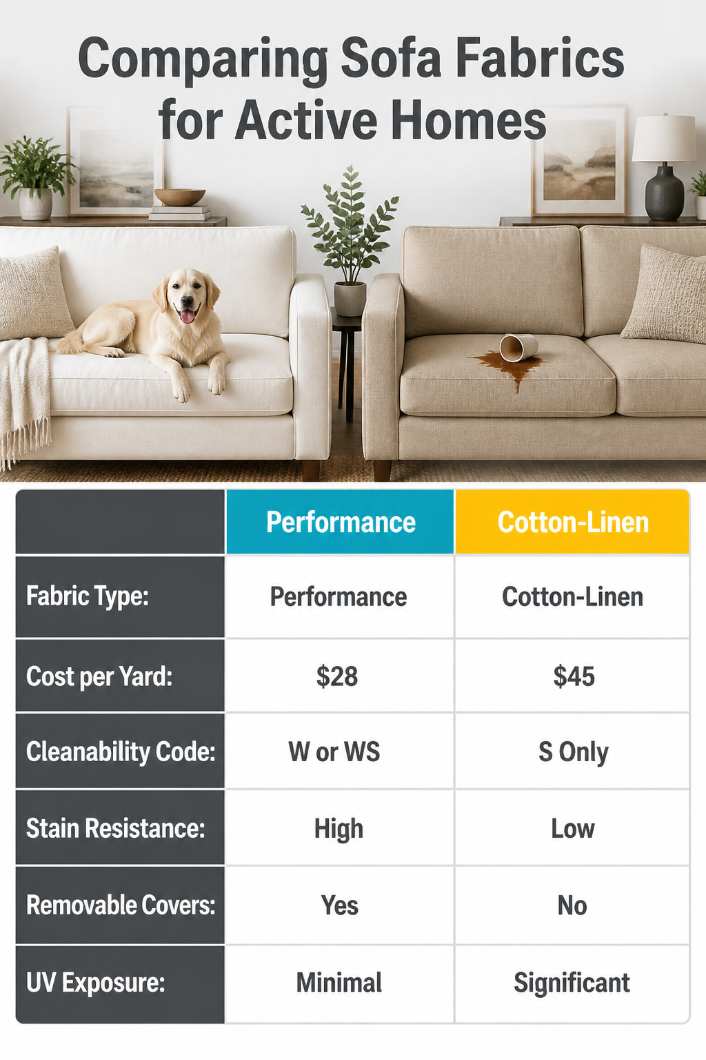 Image comparing various sofa fabrics suitable for active homes.