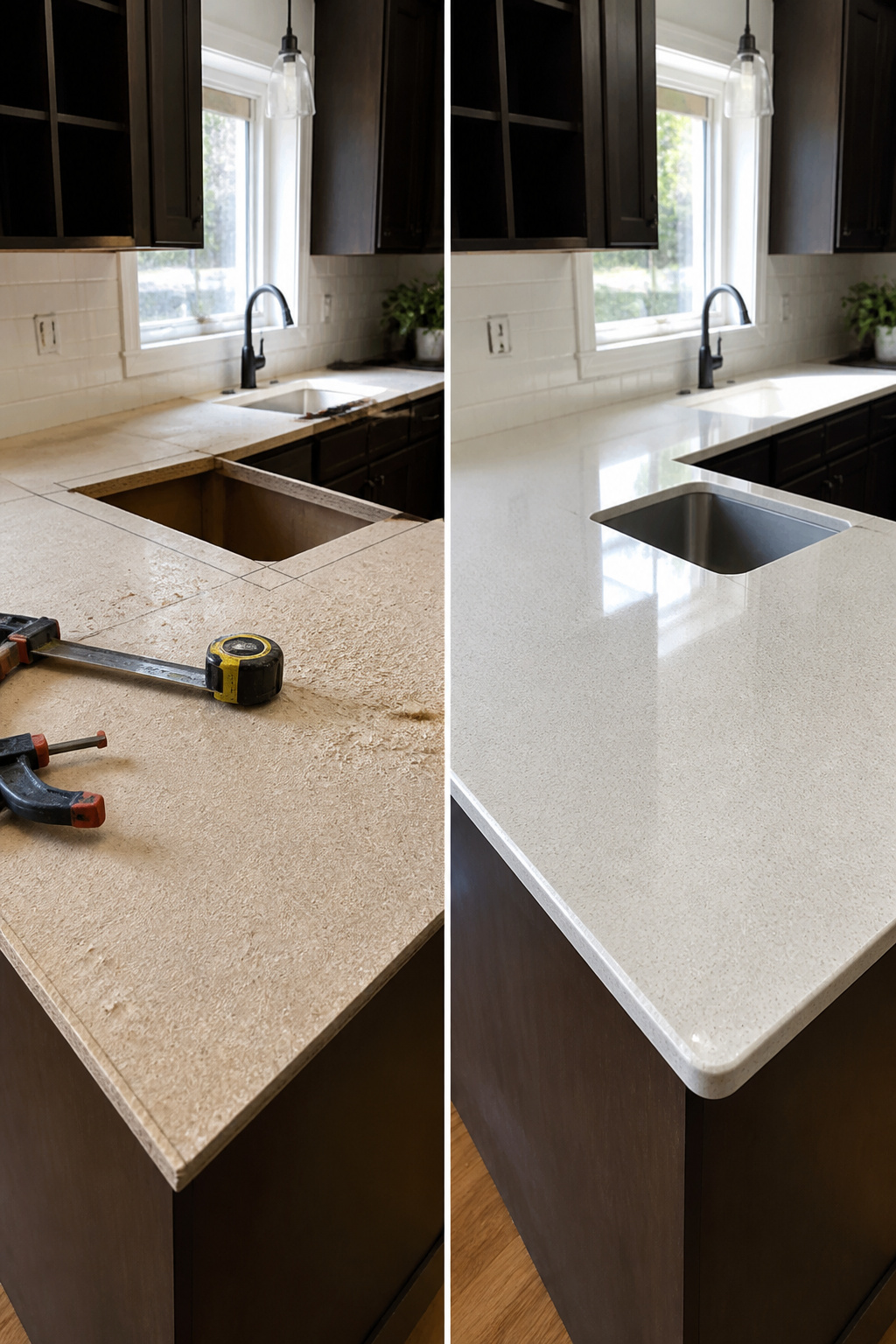 New kitchen countertops installed with a sink cutout.