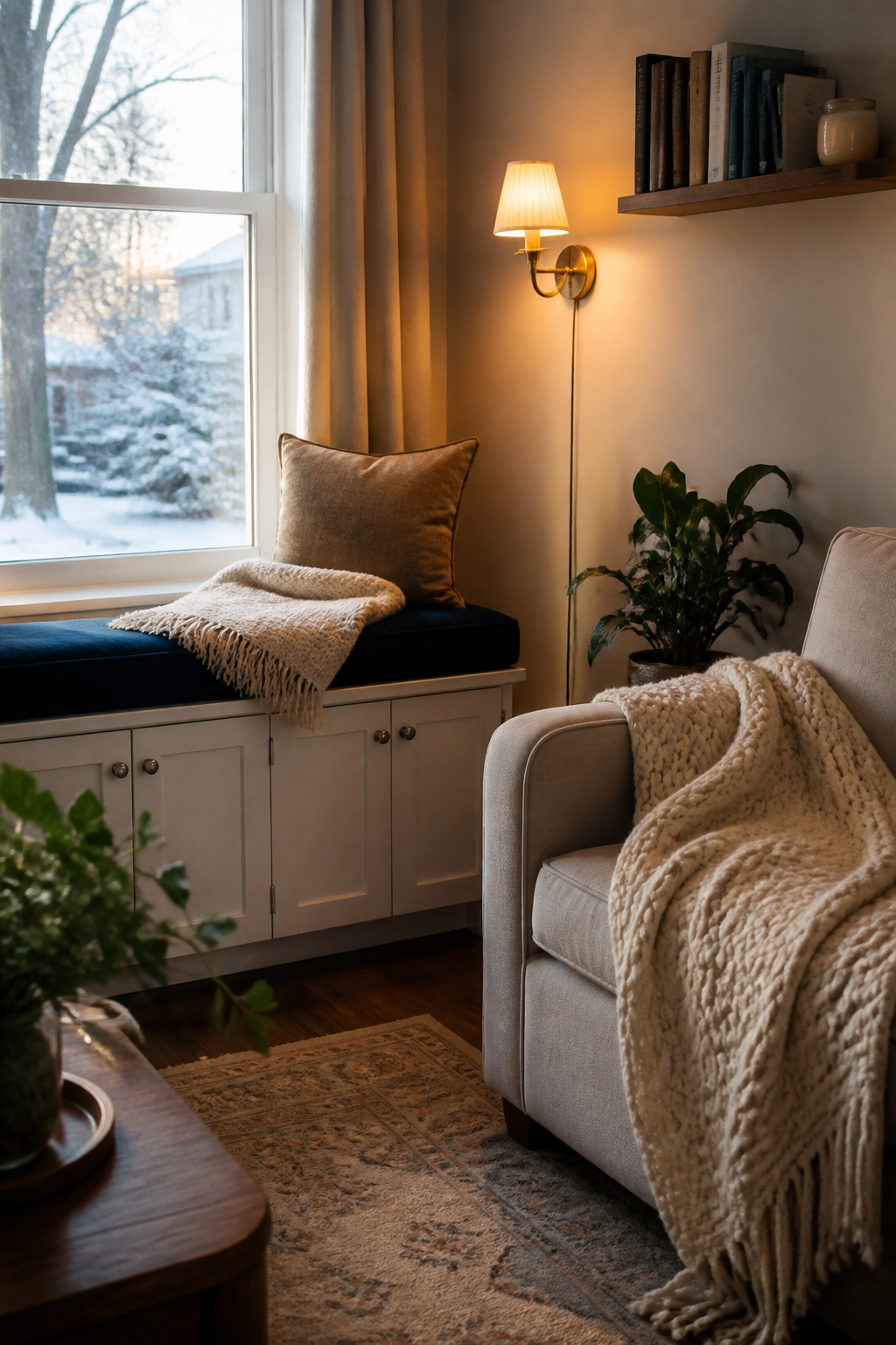 A reading nook with a cabinet seat and floating shelf for books.