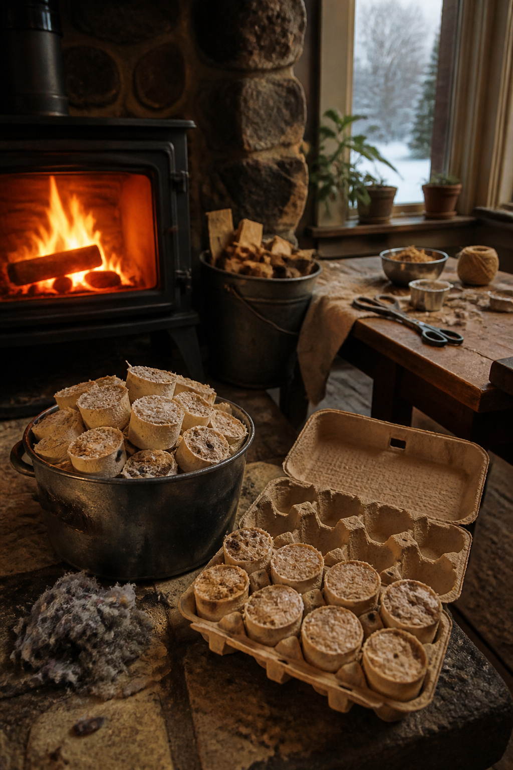 A tin filled with homemade fire starters next to a fireplace.