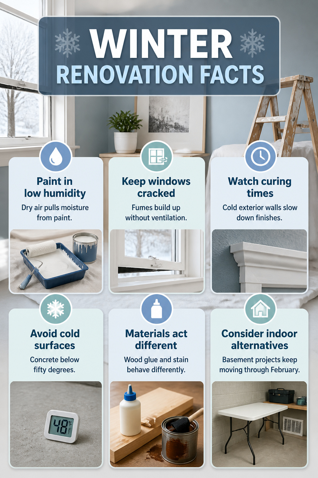 A guide on winter renovation facts displayed on a table.