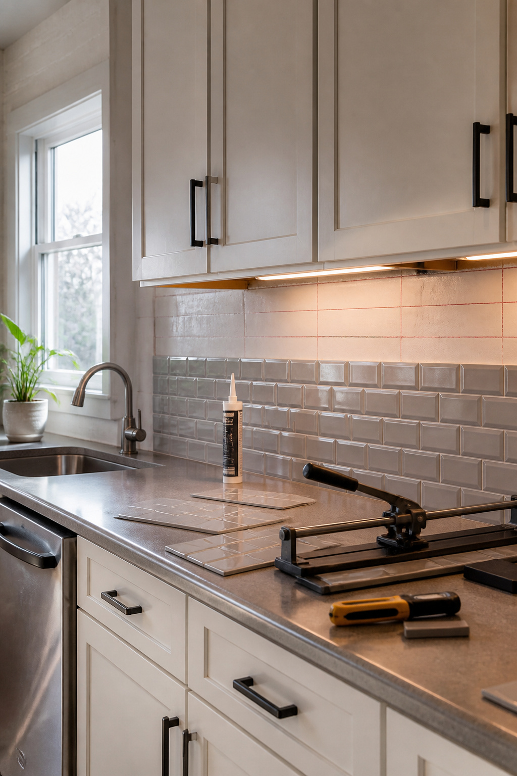 Peel-and-stick vinyl tiles in a kitchen for backsplash installation.
