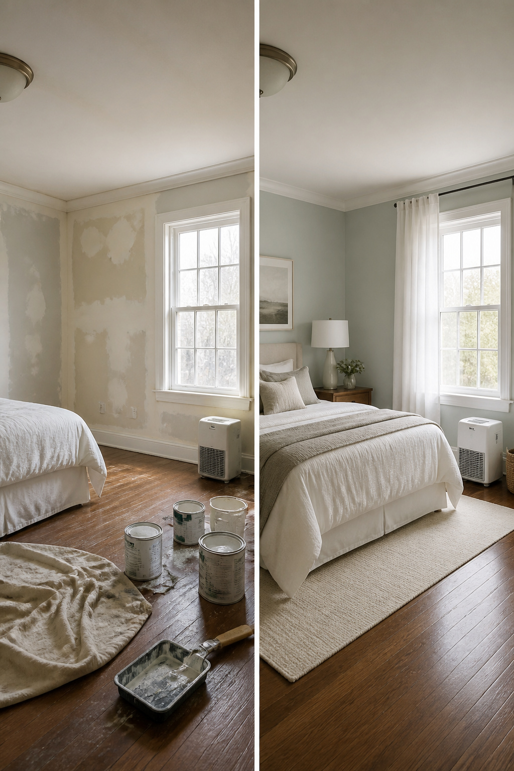 A bedroom with newly painted walls in winter.