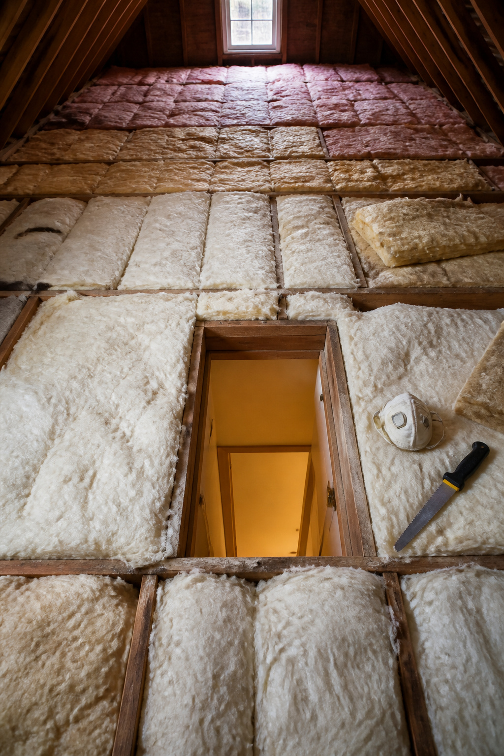 An attic with insulation material for energy efficiency.