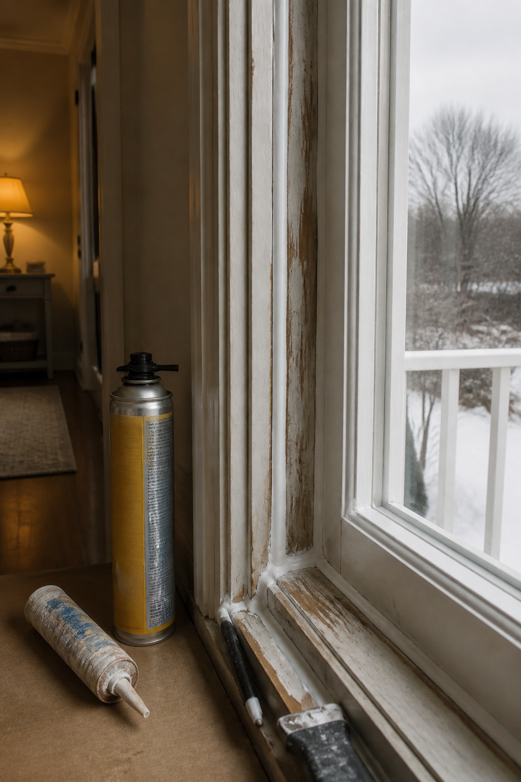 Close-up of caulked windows and door frames in a home.