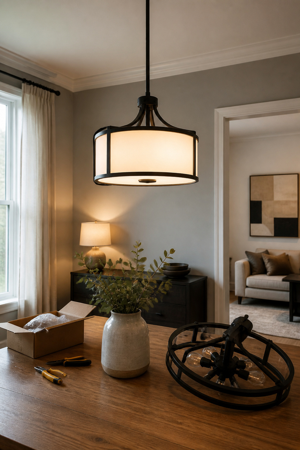 A person installing a new light fixture indoors.