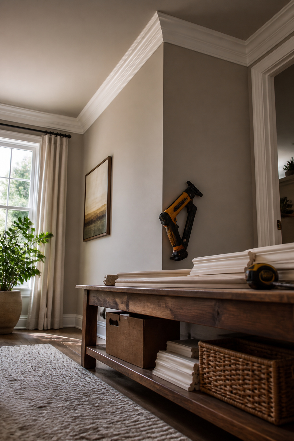 Installed crown molding along the top of a room's walls.