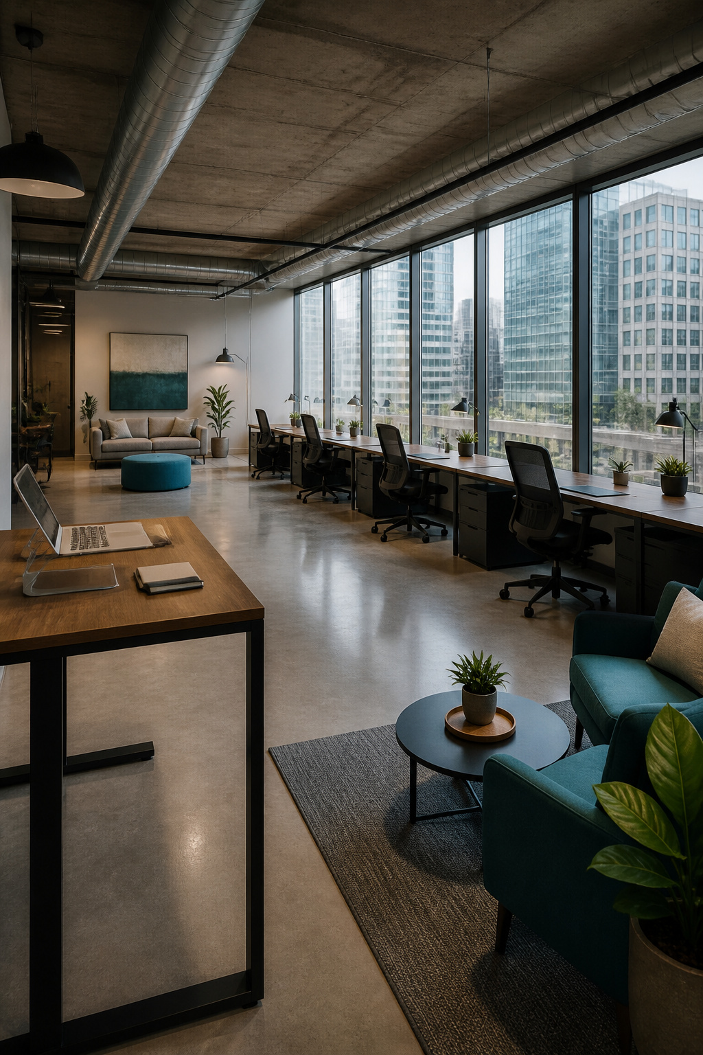 A desk in a coworking space with a laptop and office supplies.