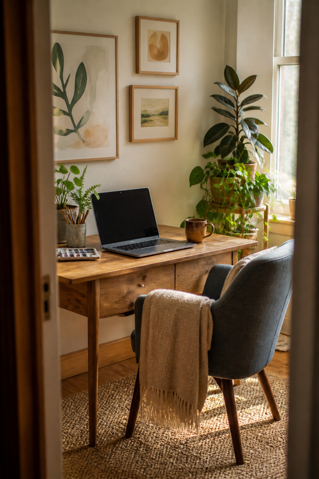 A home office with a desk, laptop, and plants in a warm setting.