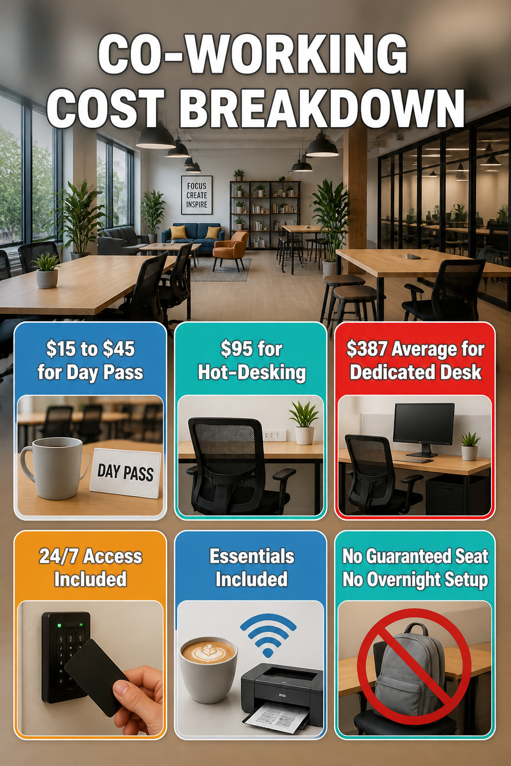An infographic detailing coworking space pricing and options.