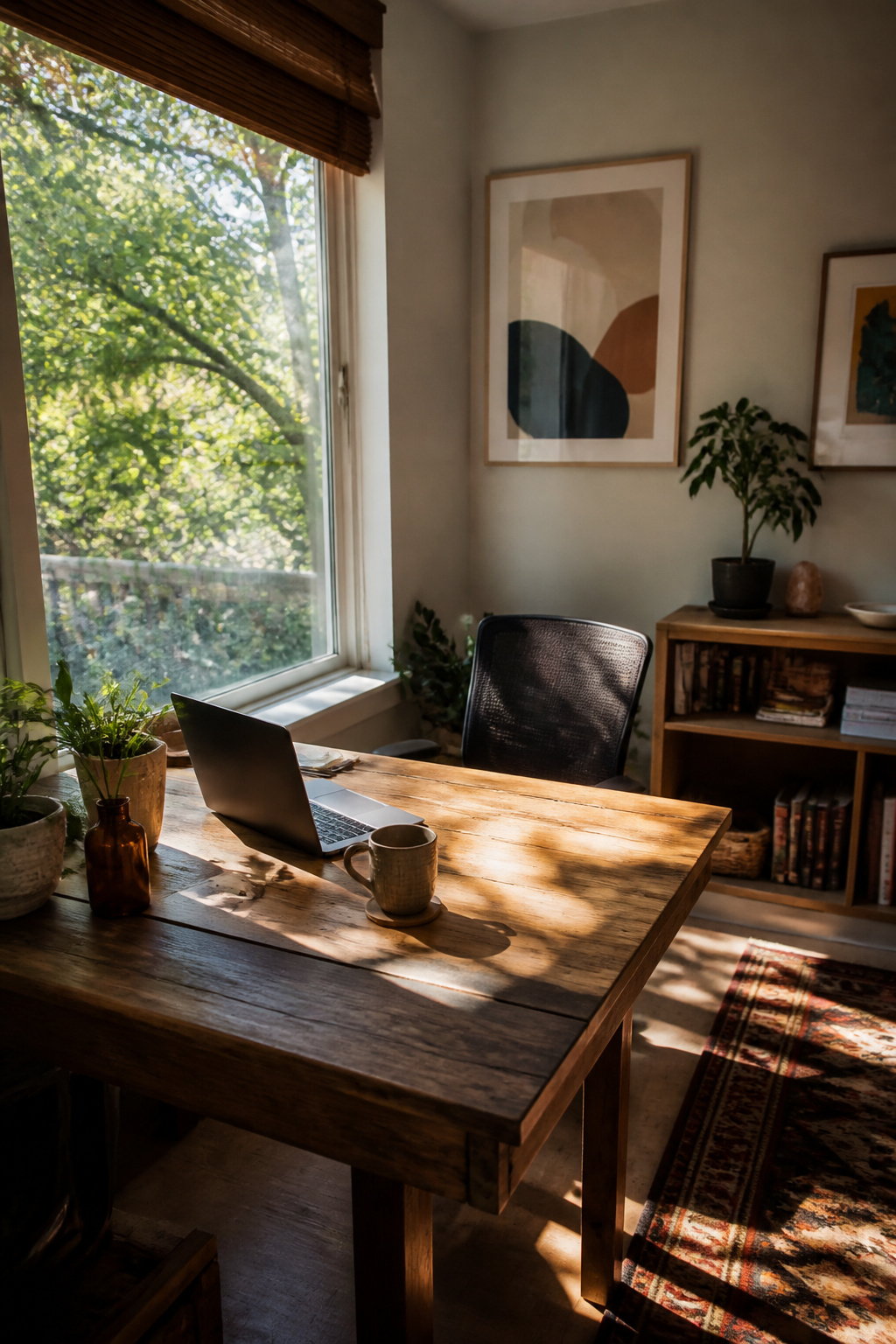 A home workspace with a desk, laptop, and view of trees.