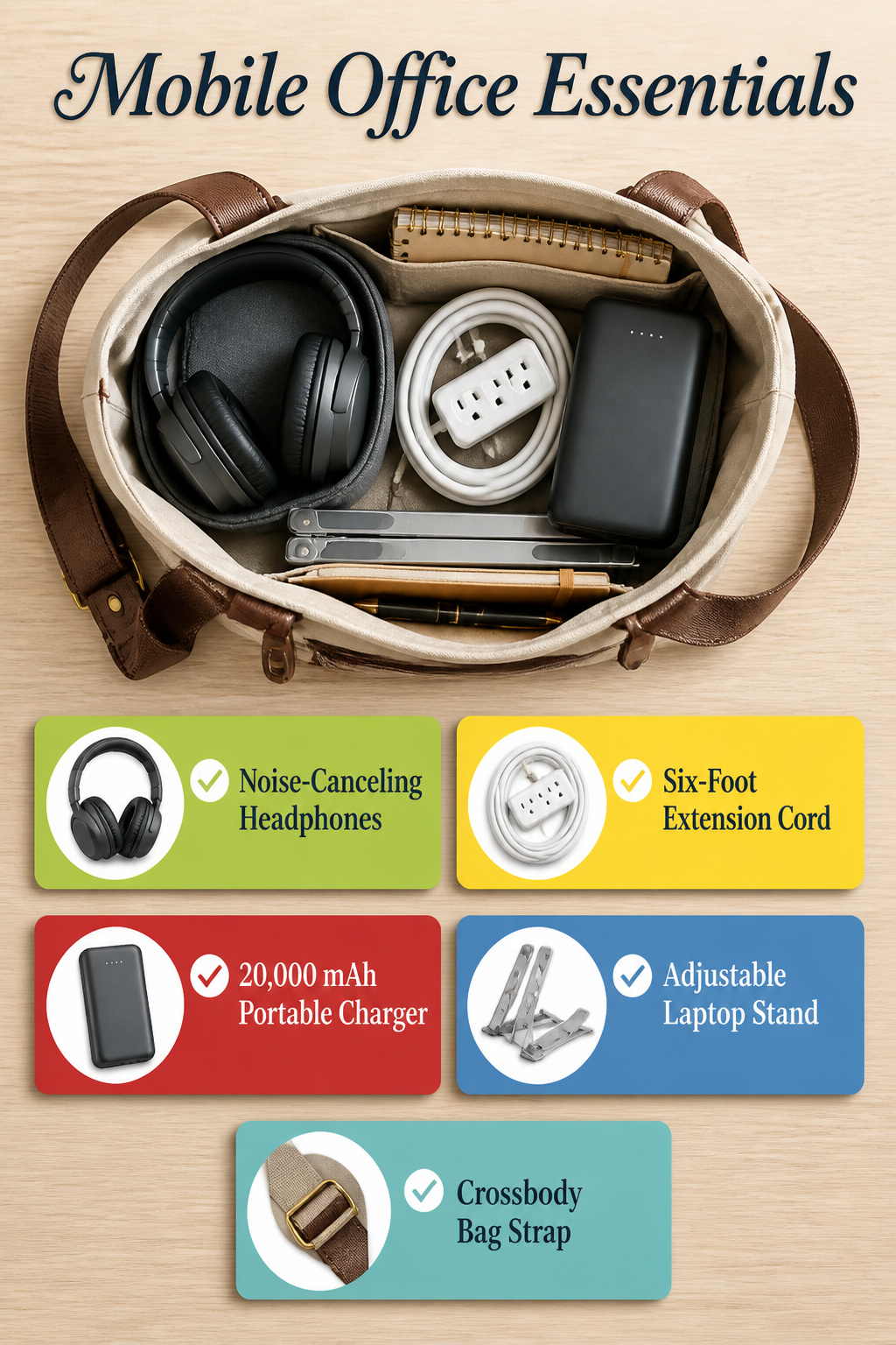 A bag with laptop essentials like headphones and a charger.