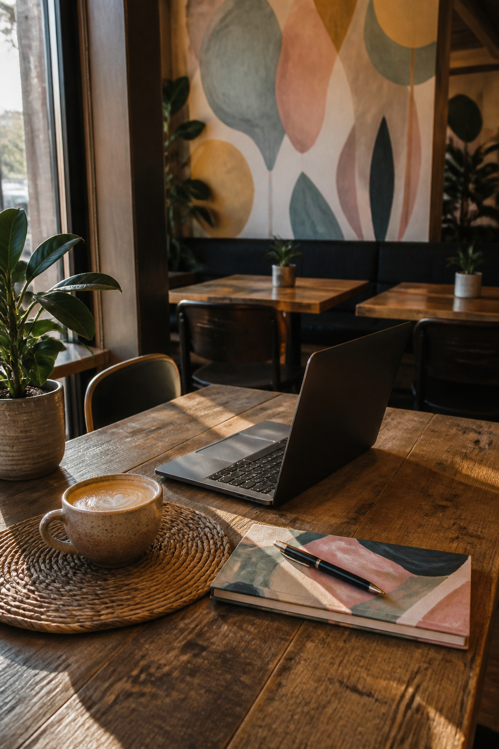 A coffee shop table with a laptop, cappuccino, and notebook.