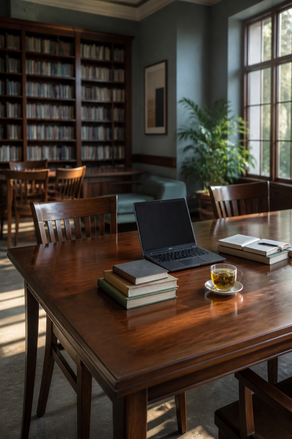 A library study room with a laptop, books, and herbal tea.