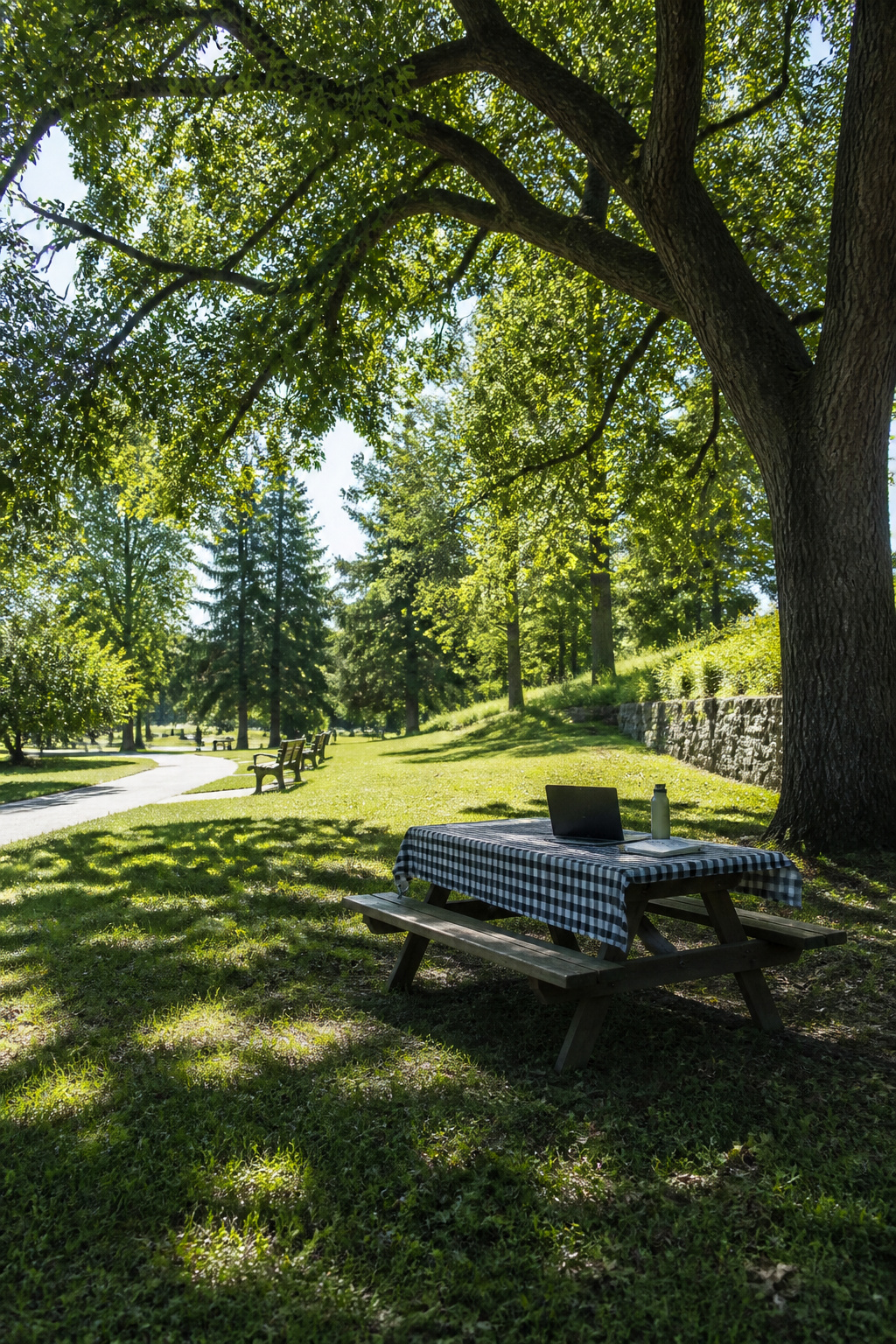 A park with trees and a laptop set up on a picnic table.