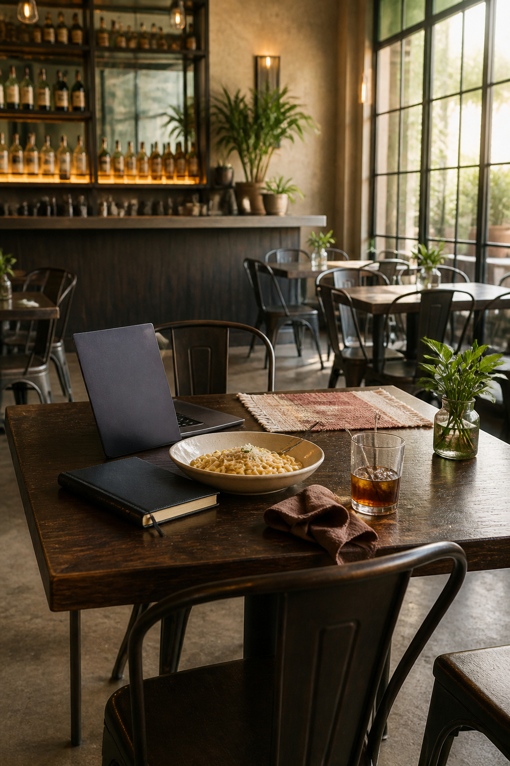 A restaurant table with a laptop and a bowl of pasta.