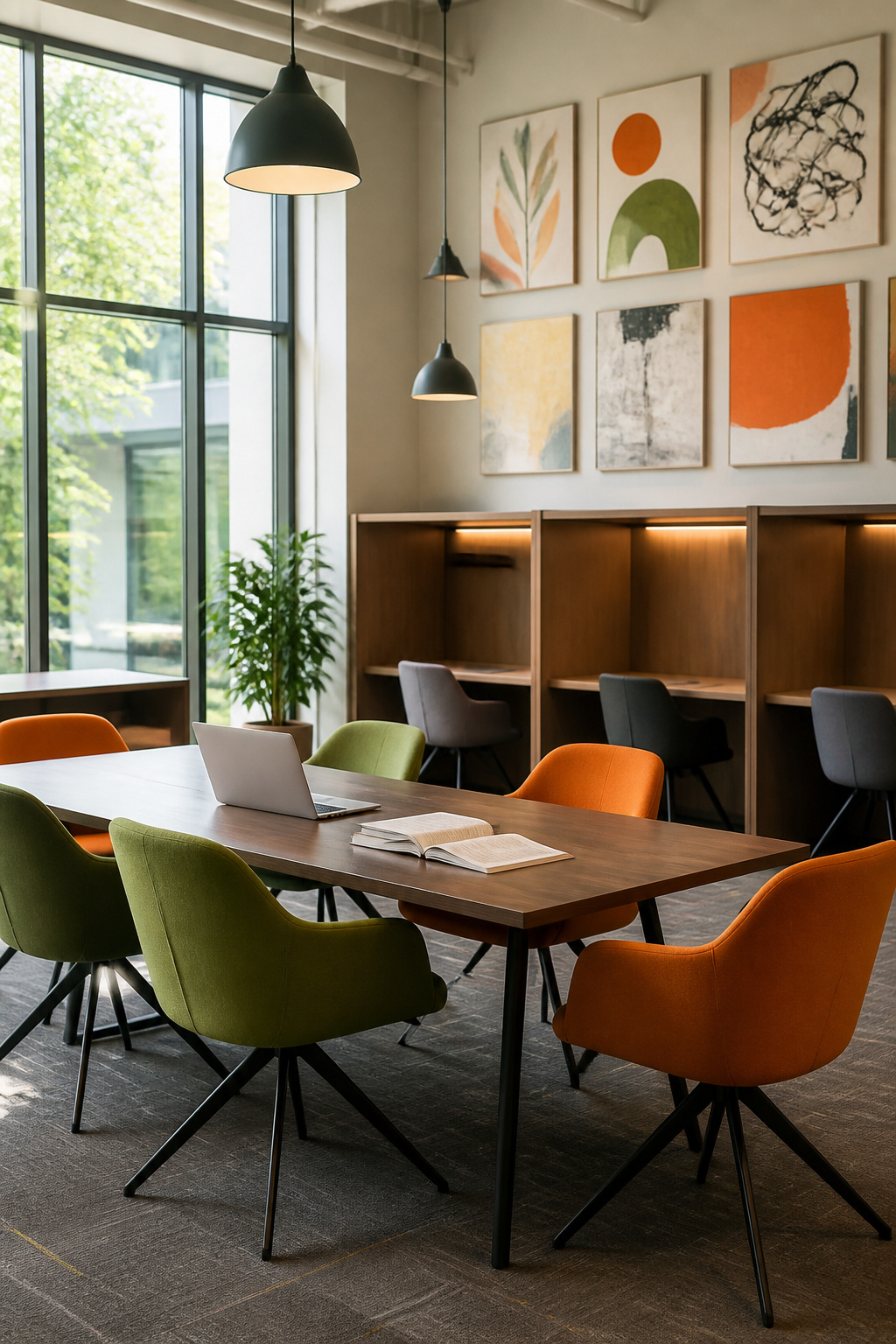 A college lounge with ergonomic seating and an open laptop.