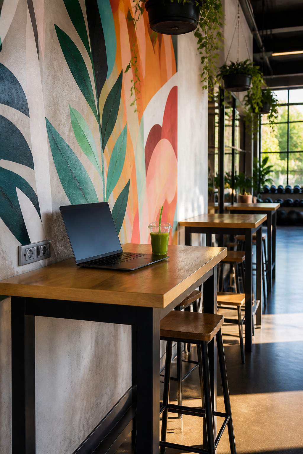 A gym cafe with high-top tables and a laptop beside a smoothie.