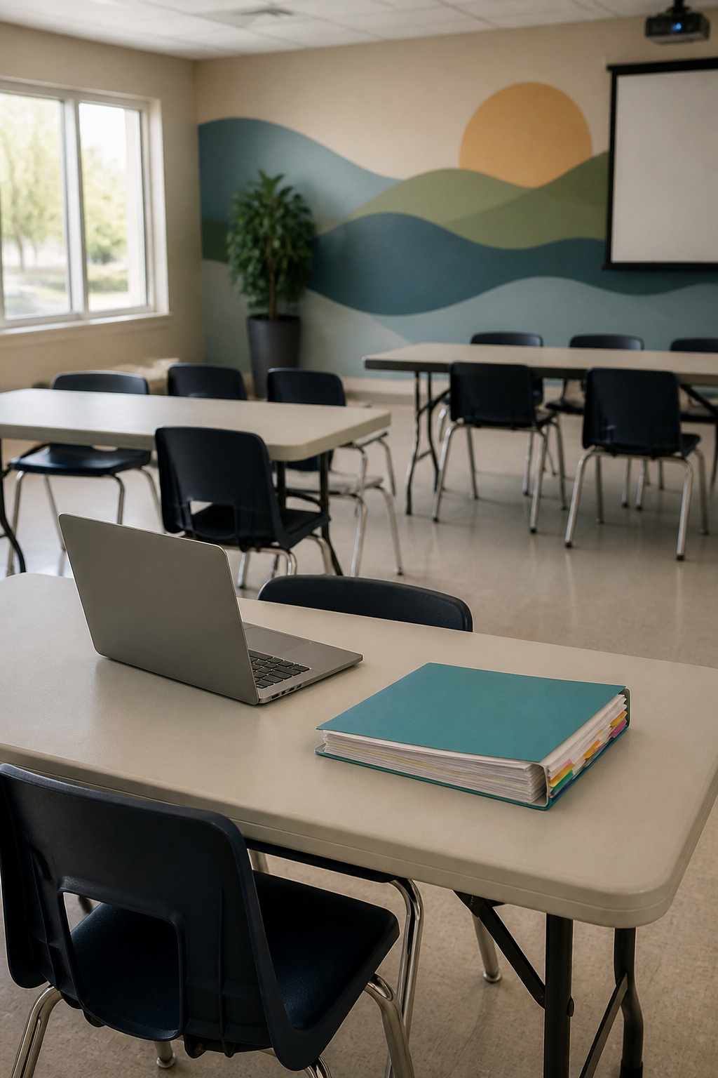 A community center room with folding tables and a laptop.