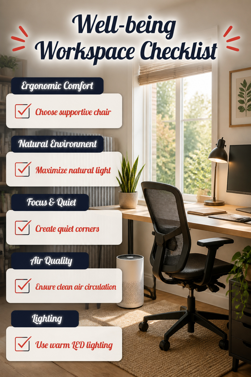 Workspace Designs: 8 Methods for Practical Office Planning in 2026 11 A workspace checklist focusing on light and ergonomic seating.