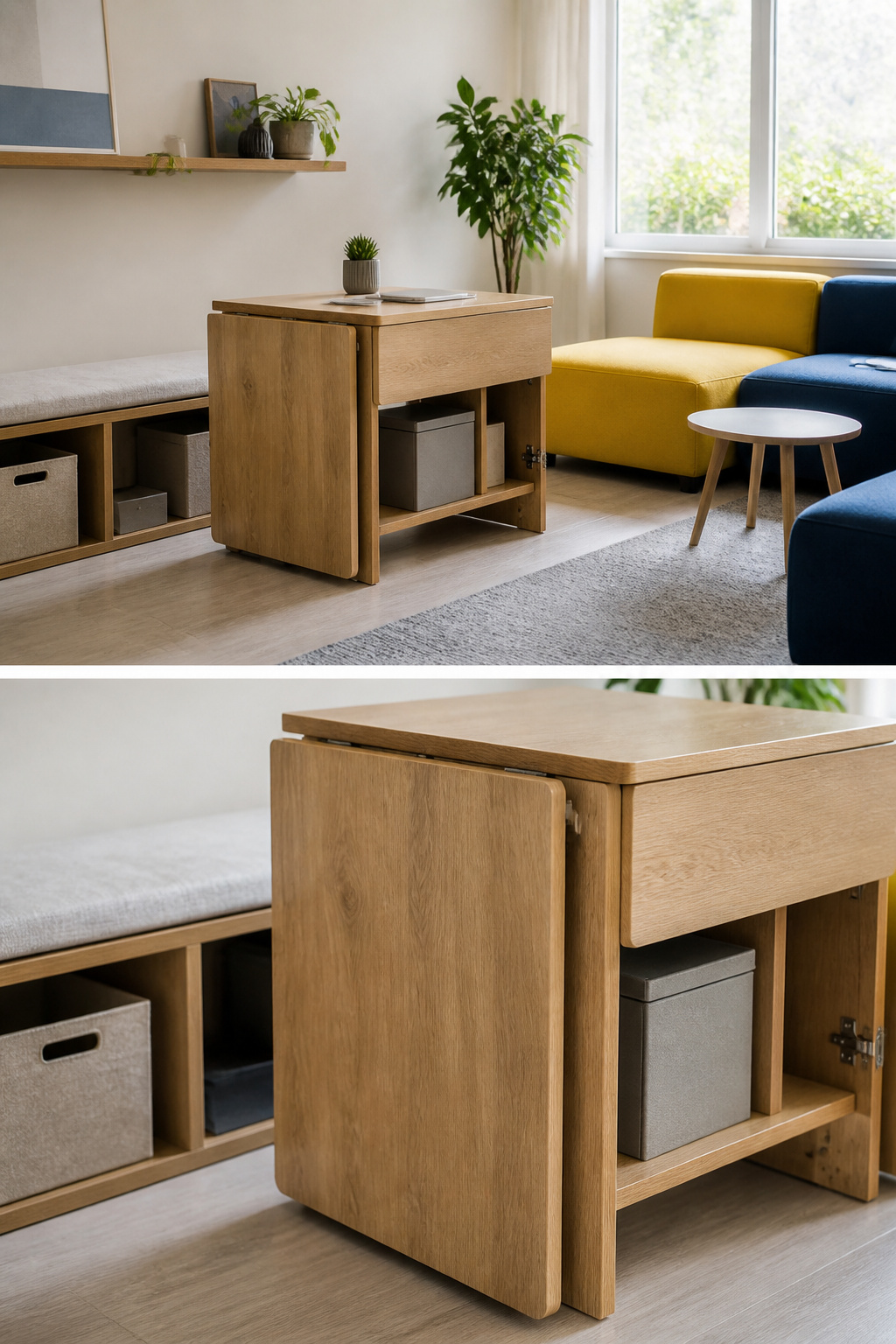Workspace Designs: 8 Methods for Practical Office Planning in 2026 2 A folding desk that transforms from a wall unit to a four-person table.