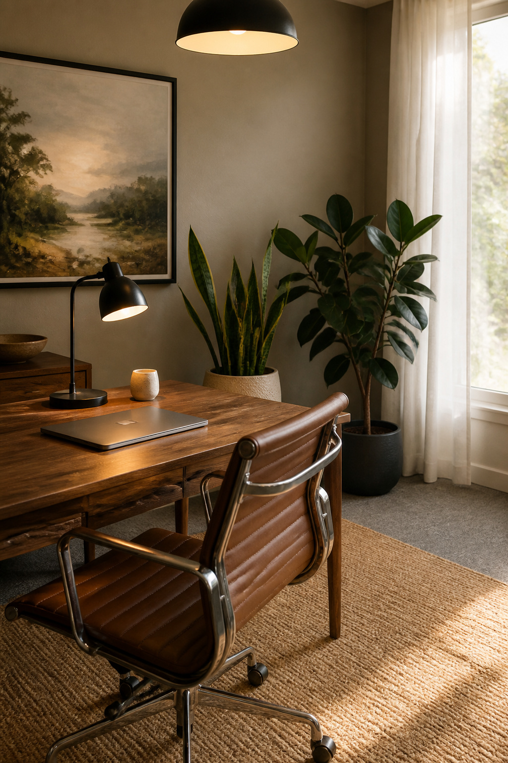 Workspace Designs: 8 Methods for Practical Office Planning in 2026 3 A desk with a snake plant and a rubber plant in natural light.