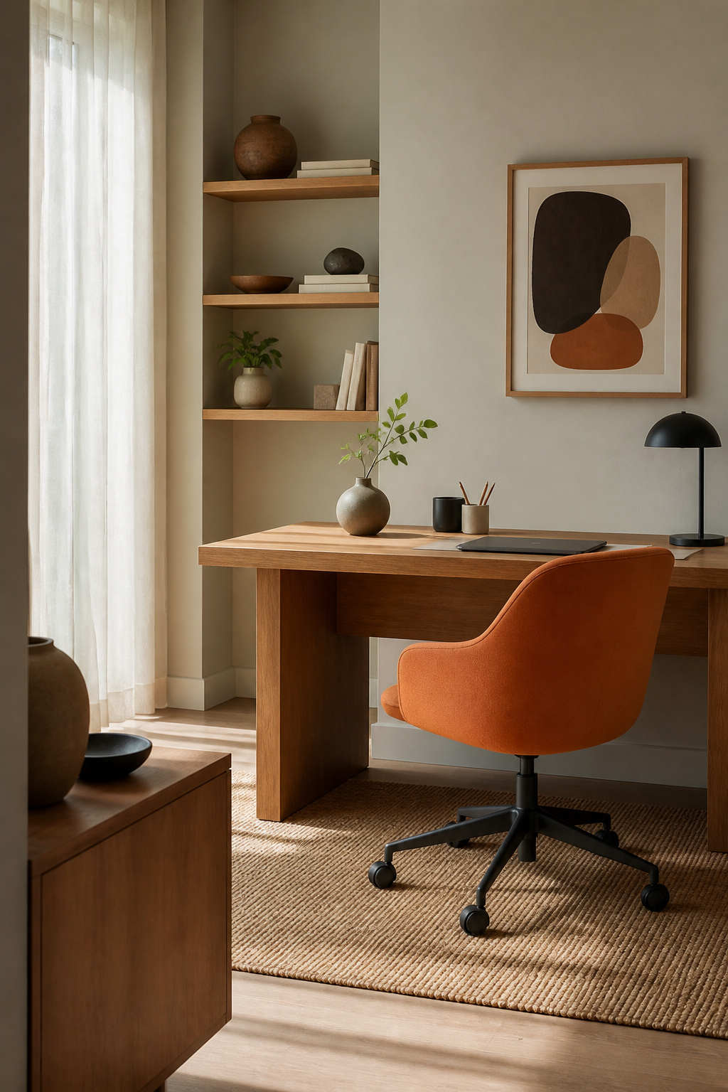 Workspace Designs: 8 Methods for Practical Office Planning in 2026 6 An office space with a greige wall and an orange chair reflecting brand colors.