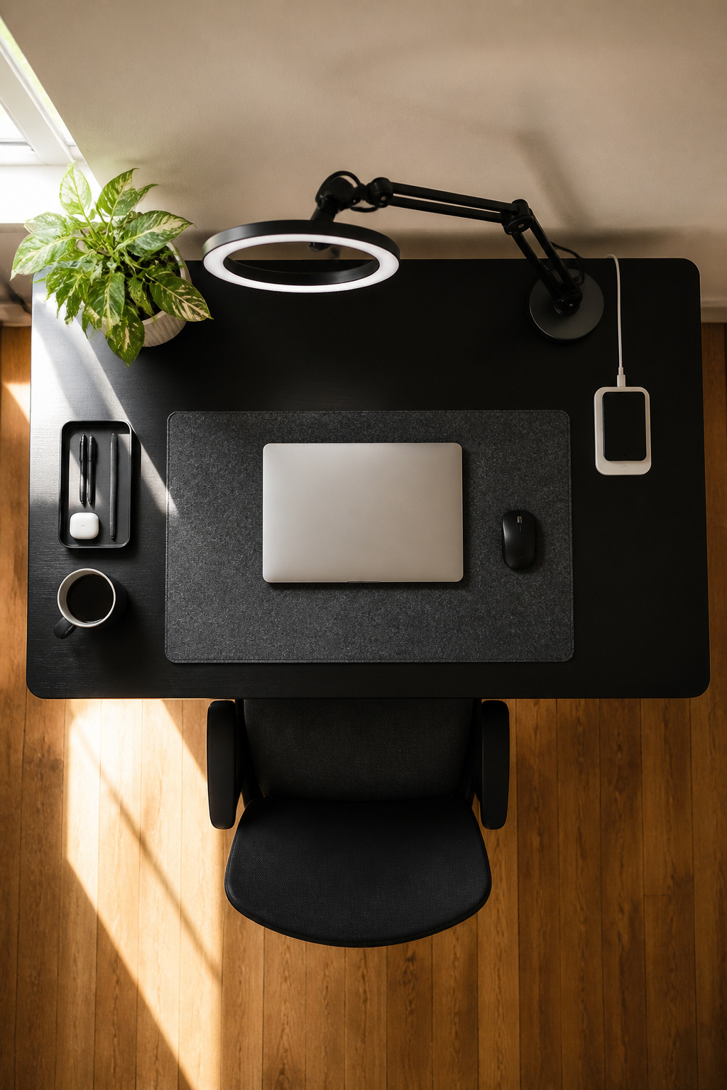 Workspace Designs: 8 Methods for Practical Office Planning in 2026 7 A desk with organized cables and a ring light for video calls.