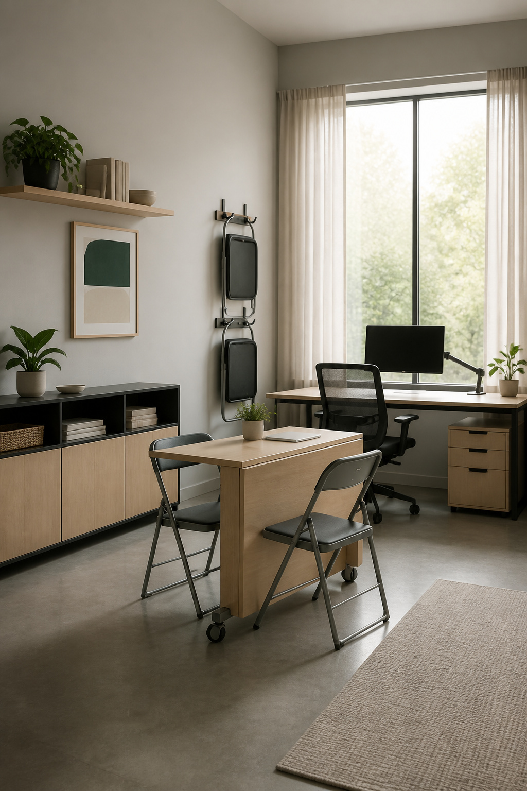 Workspace Designs: 8 Methods for Practical Office Planning in 2026 8 An office with a desk and a movable table for meetings.