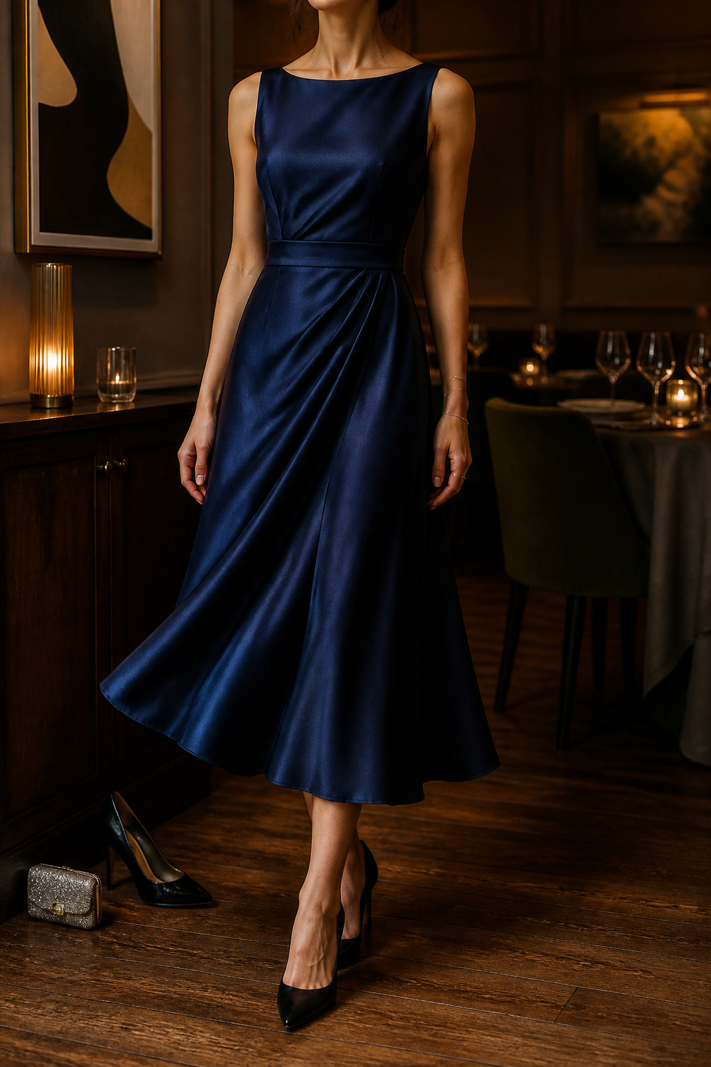A midi dress with a calf-skimming hem shown in a stylish setting.