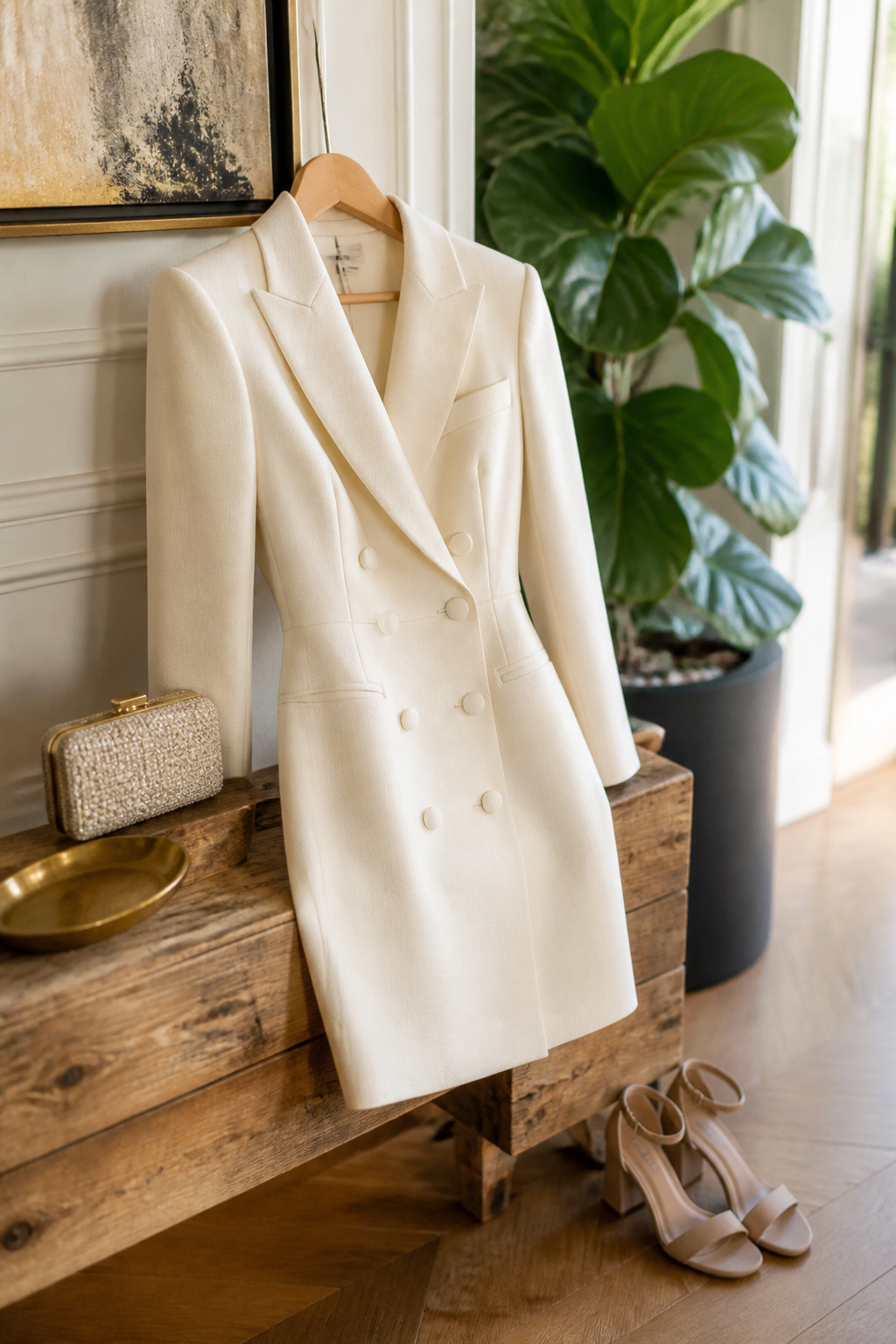 A blazer dress displayed on a mannequin, highlighting its tailored design.