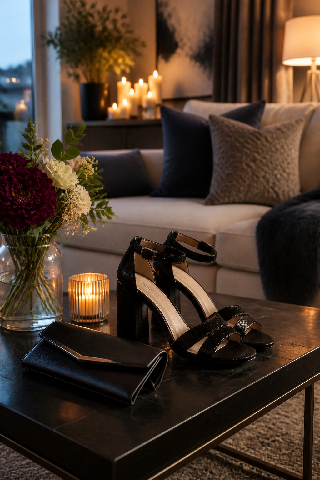 A pair of black block heels and a satin clutch displayed on a coffee table.