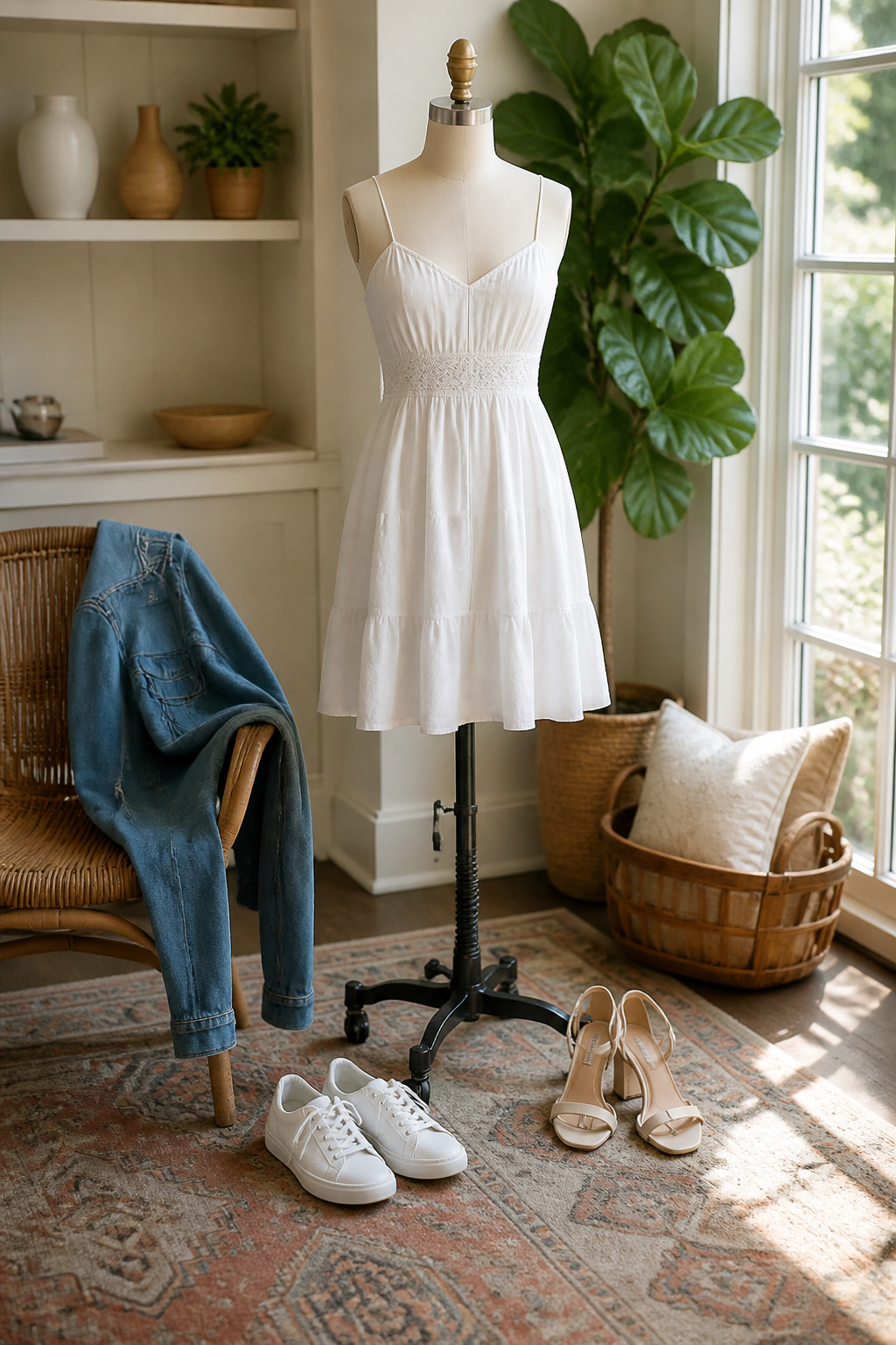 A white sundress with sneakers and heels beside it.
