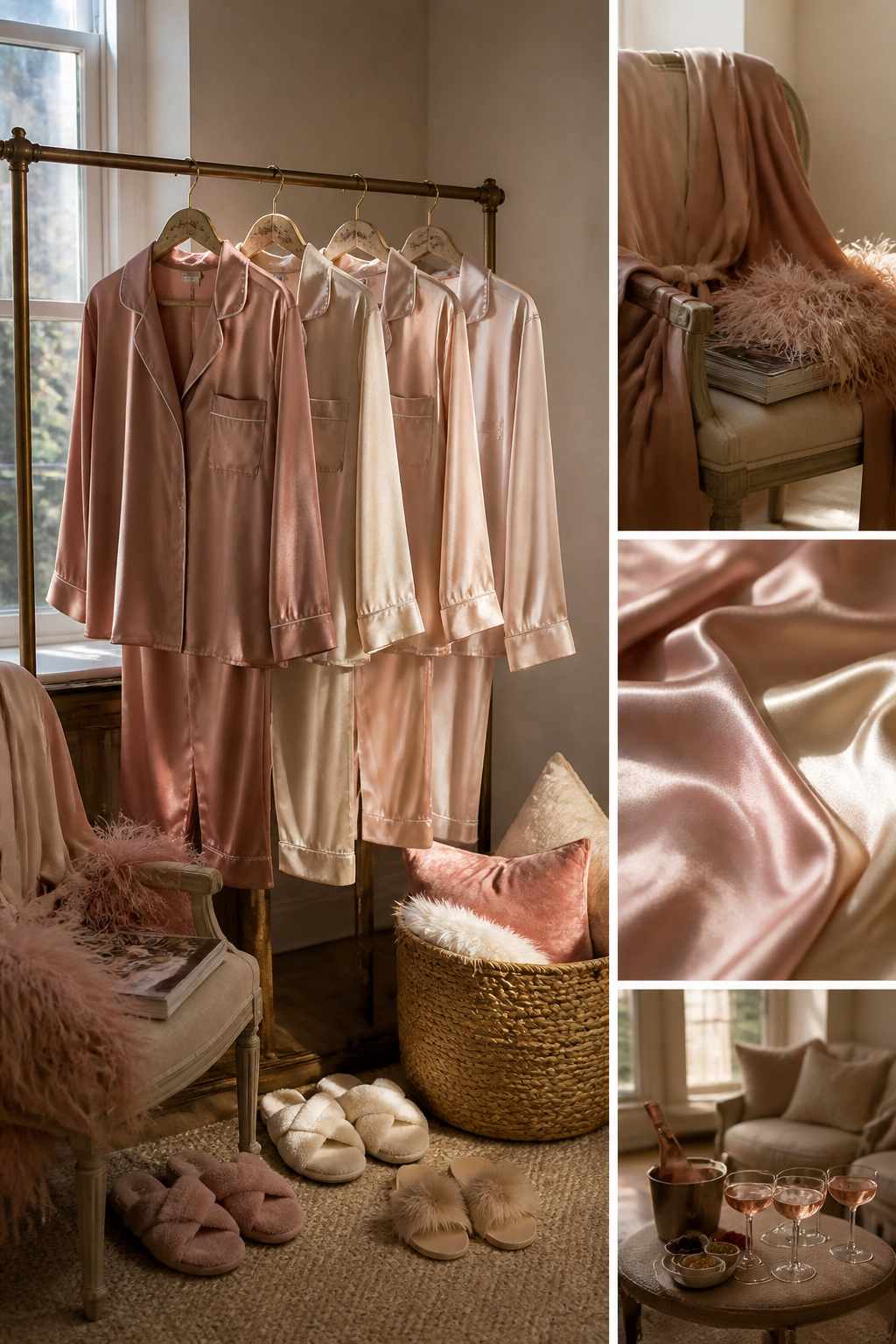 Satin pajamas in soft colors displayed on a rack.