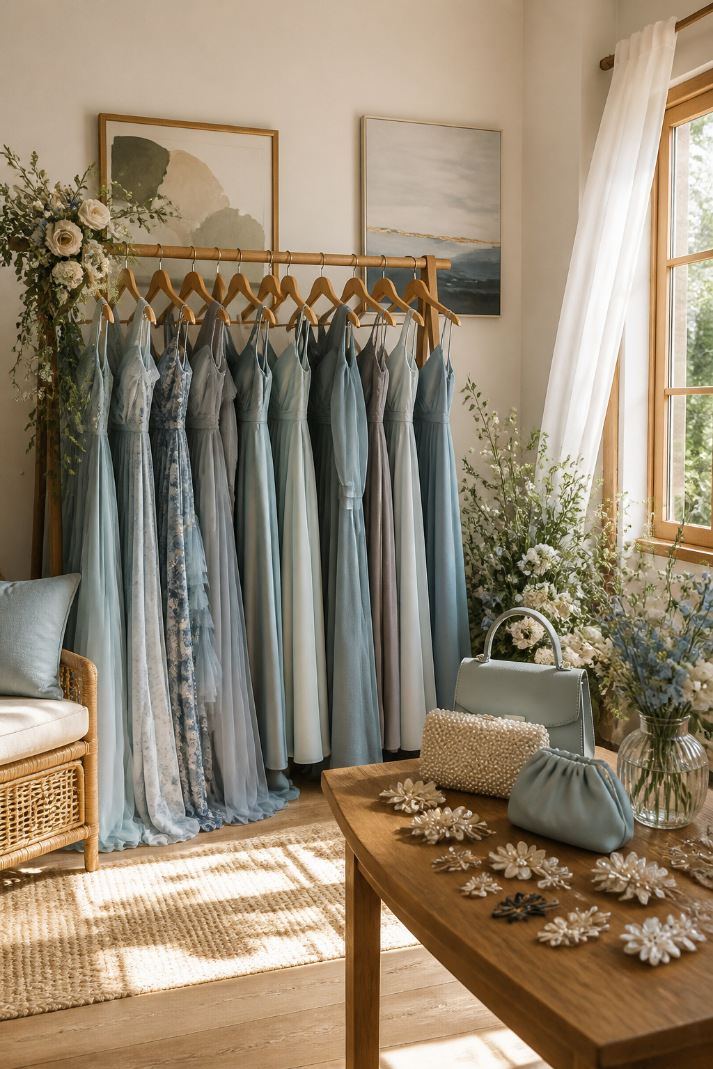 Various bridesmaid dresses in soft blues and grays on a rack.