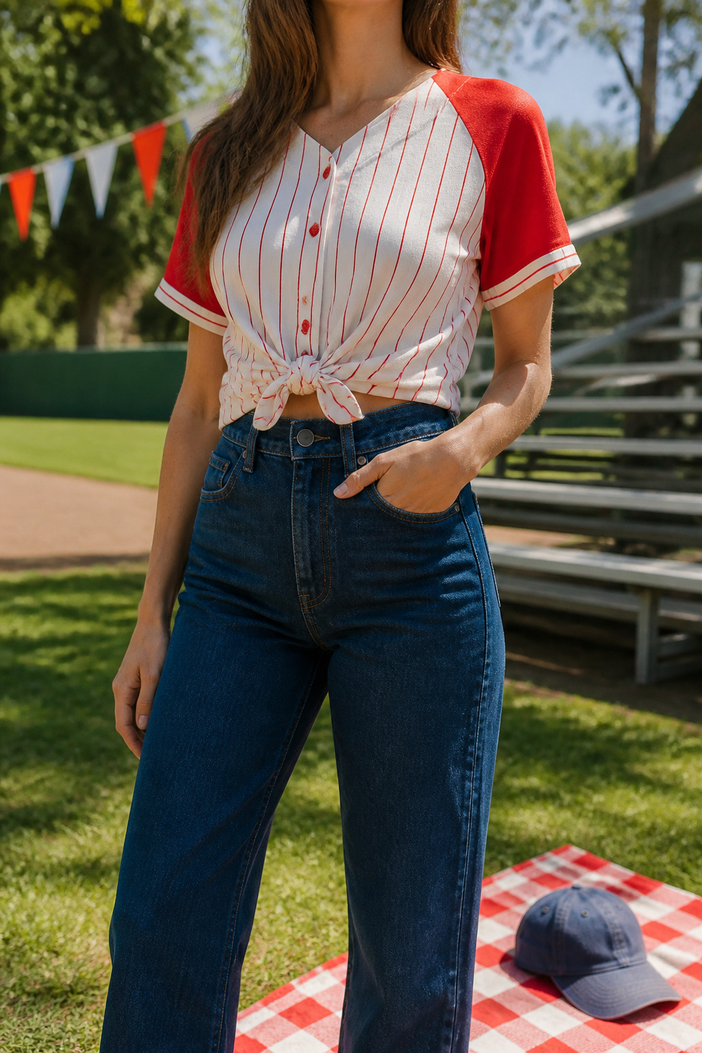 Model in a baseball jersey and high-waisted jeans, showcasing a casual outfit.
