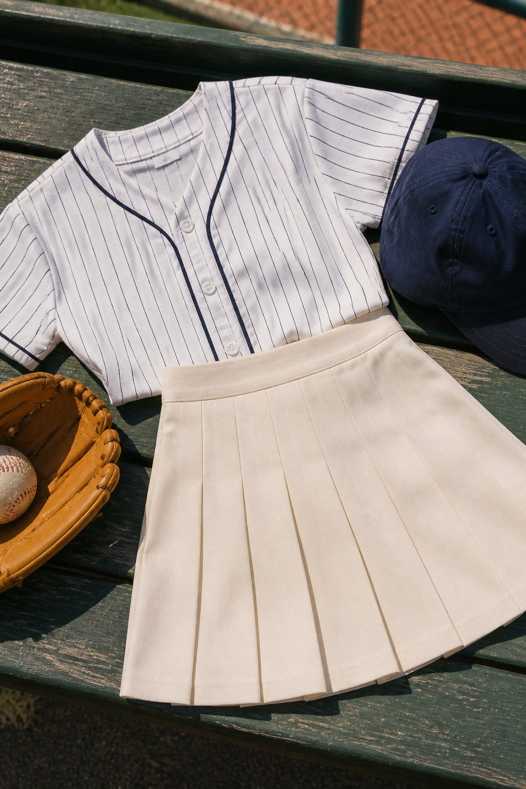 A pleated skirt and team jersey displayed together, emphasizing outfit structure.