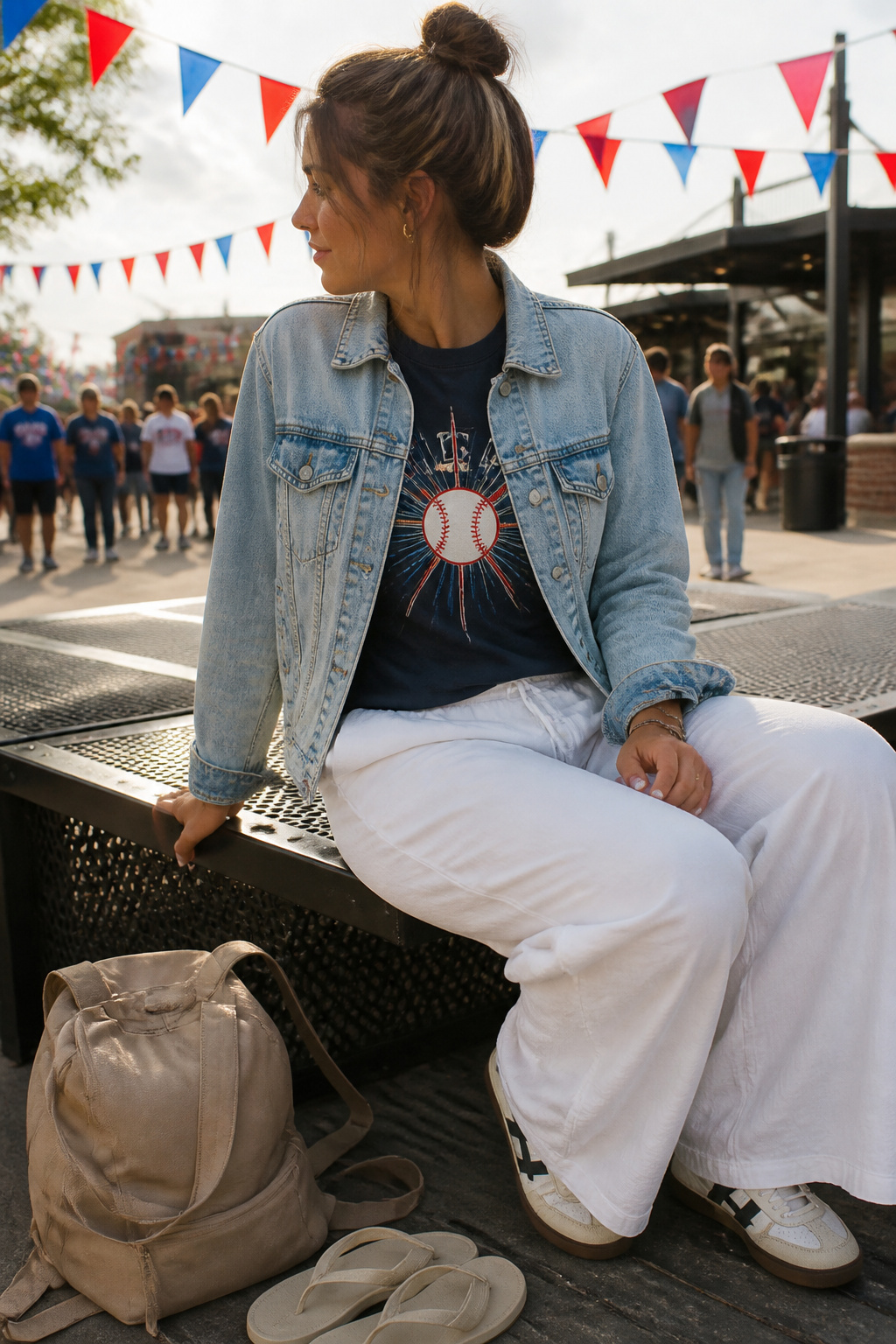 Model in a denim jacket and graphic tee, highlighting outfit contrast.