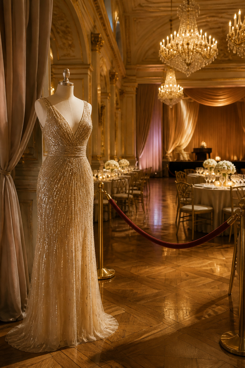 Floor-length gown on display in a ballroom with elegant décor.