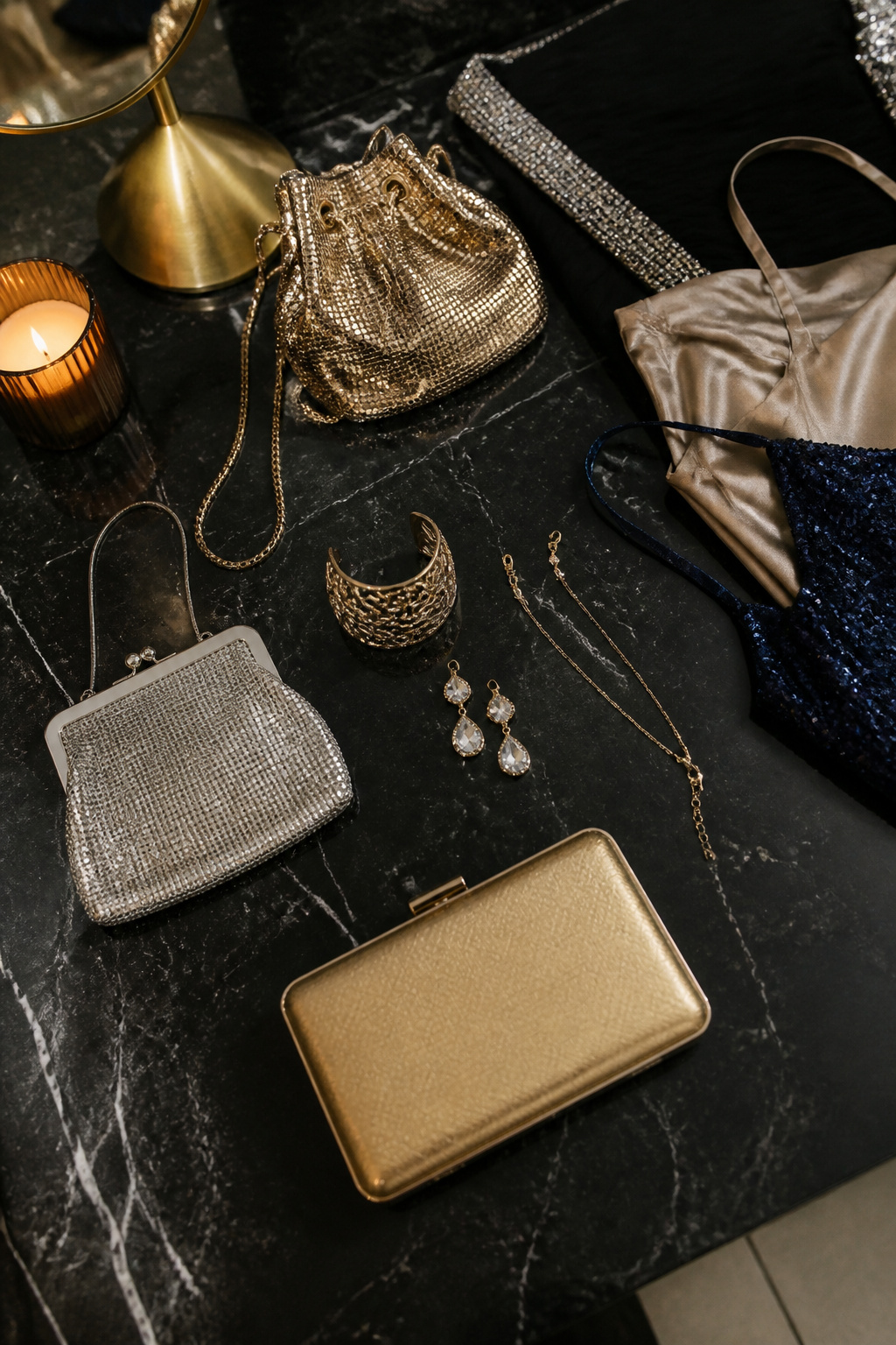 Vanity with makeup essentials and brushes in a well-lit dressing room.